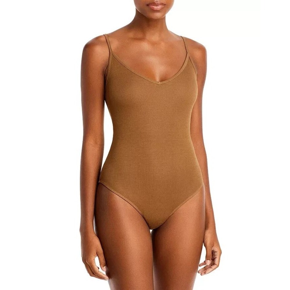 AGOLDE Womens Spaghetti Strap Bodysuit Ribbed Knit V-Neck Brown - Picture 4 of 13